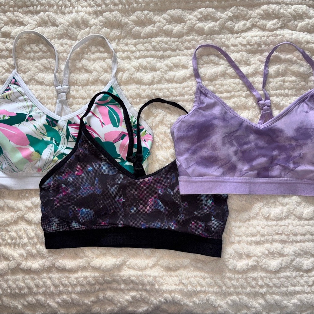 Athletic Works Floral White, Black Pattern & Purple Sports Bras